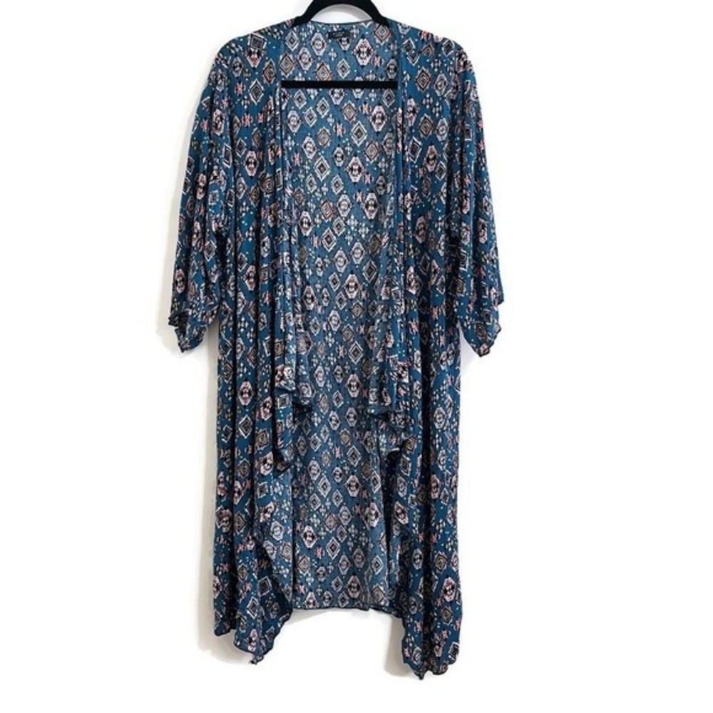 Women Open Front Kimono Cardigan M‎ Blue Geometric Aztec Boho Duster Festival